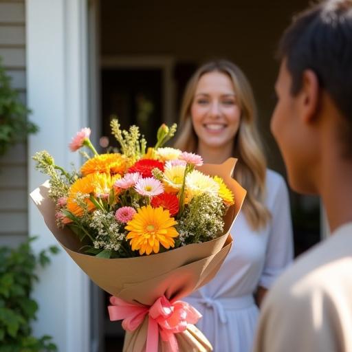 Una persona che riceve un bouquet fresco come parte di un abbonamento.